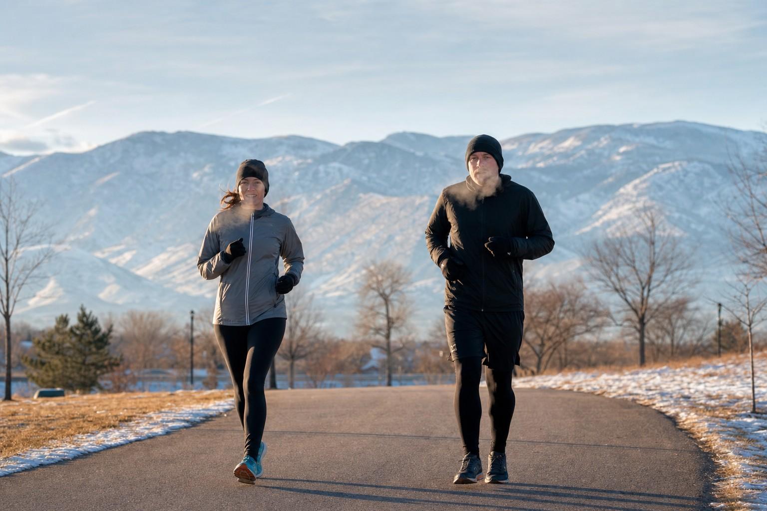 Two bundled-up runners jogging toward the camera on a cold park road on a frosty December morning in Denver, breath visible, snow-dusted foothills behind