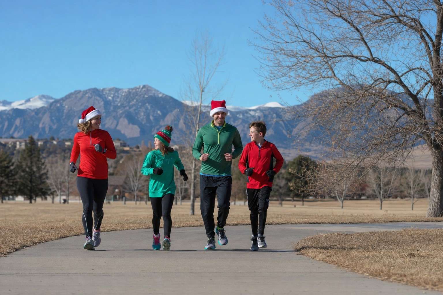 A family group including an adult and a child jogging together through a city park on a bright winter morning, wearing festive red and green, relaxed and smiling