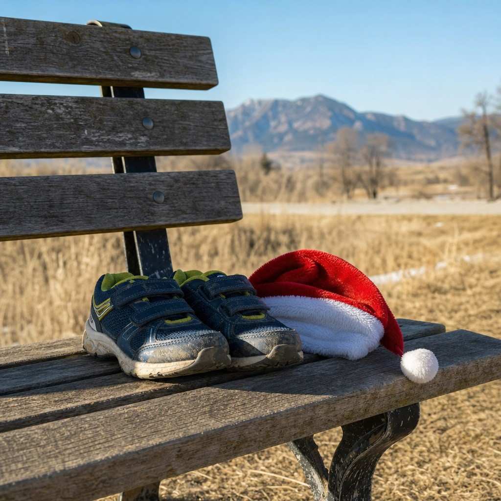 A child's running shoes and a small Santa hat resting on a park bench on a bright winter morning