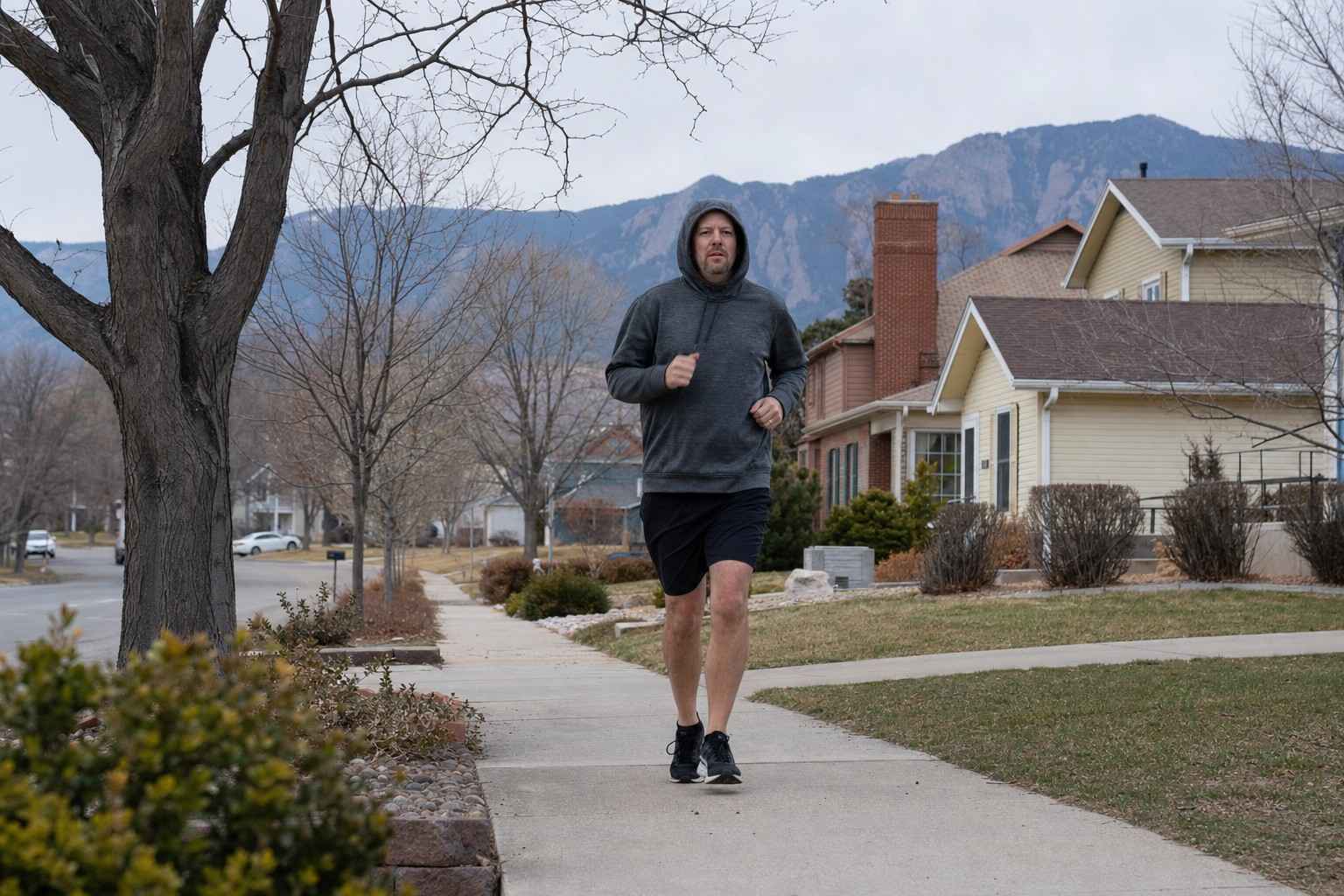 A single casual runner in a hoodie jogging at an easy pace along a suburban sidewalk on a calm morning, foothills in the distance