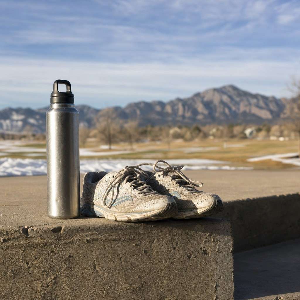 A reusable water bottle and a pair of well-worn everyday running shoes on a front step in the morning