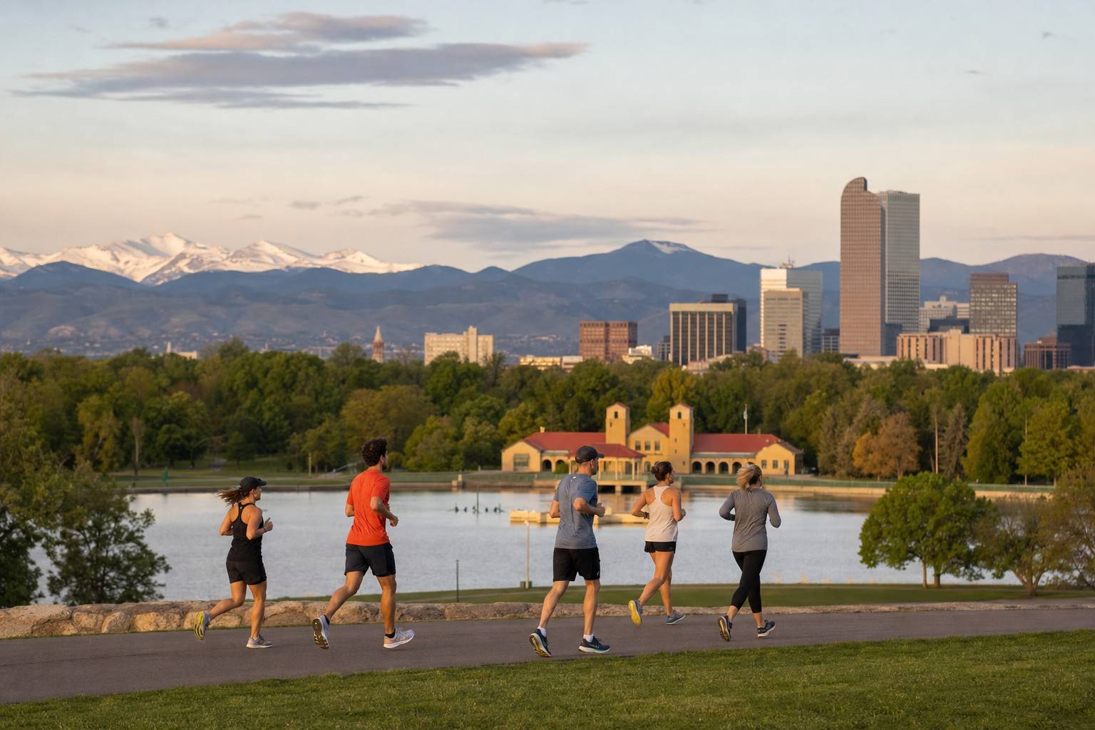 A group of runners on a City Park path on a clear Denver morning, the downtown skyline and the snow-capped Front Range behind them