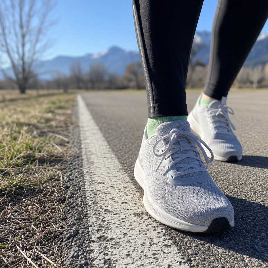 A runner's feet at the painted edge line of a path, one shoe forward as if deciding to start, on a cool spring morning