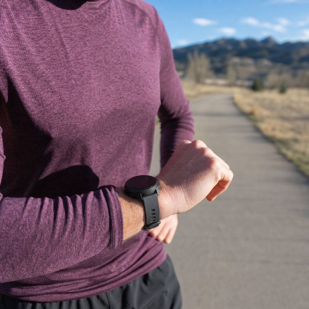A close detail of a runner glancing at a plain sports watch on their wrist mid-run