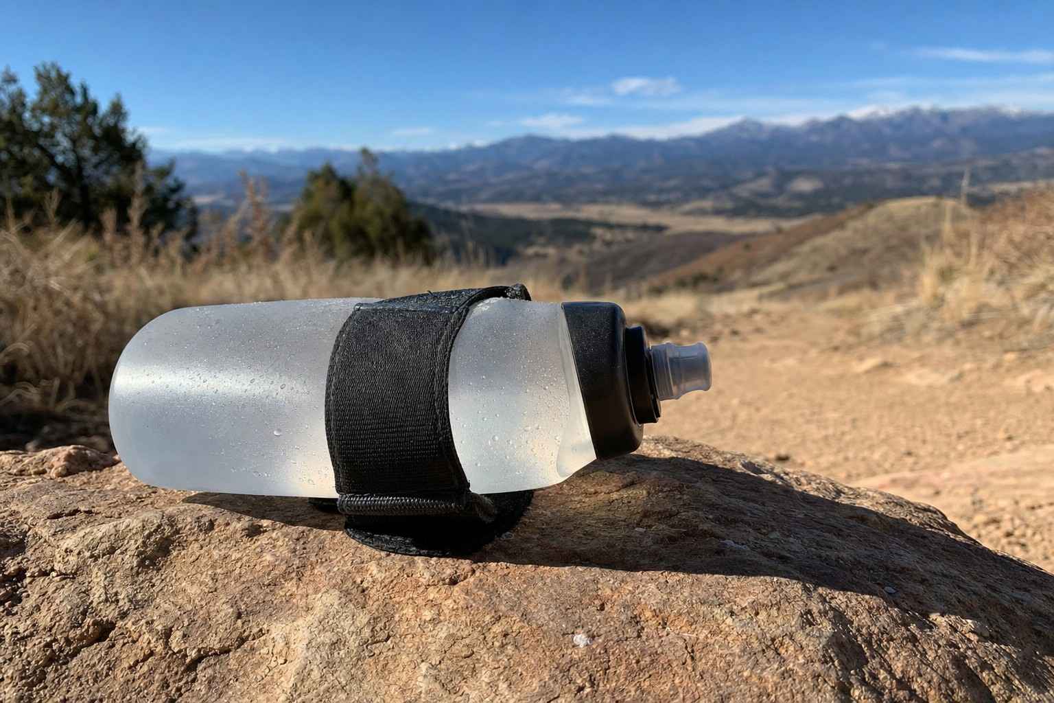 A plain handheld running water bottle resting on a sunlit rock on a dry foothills trail, the Front Range blurred behind