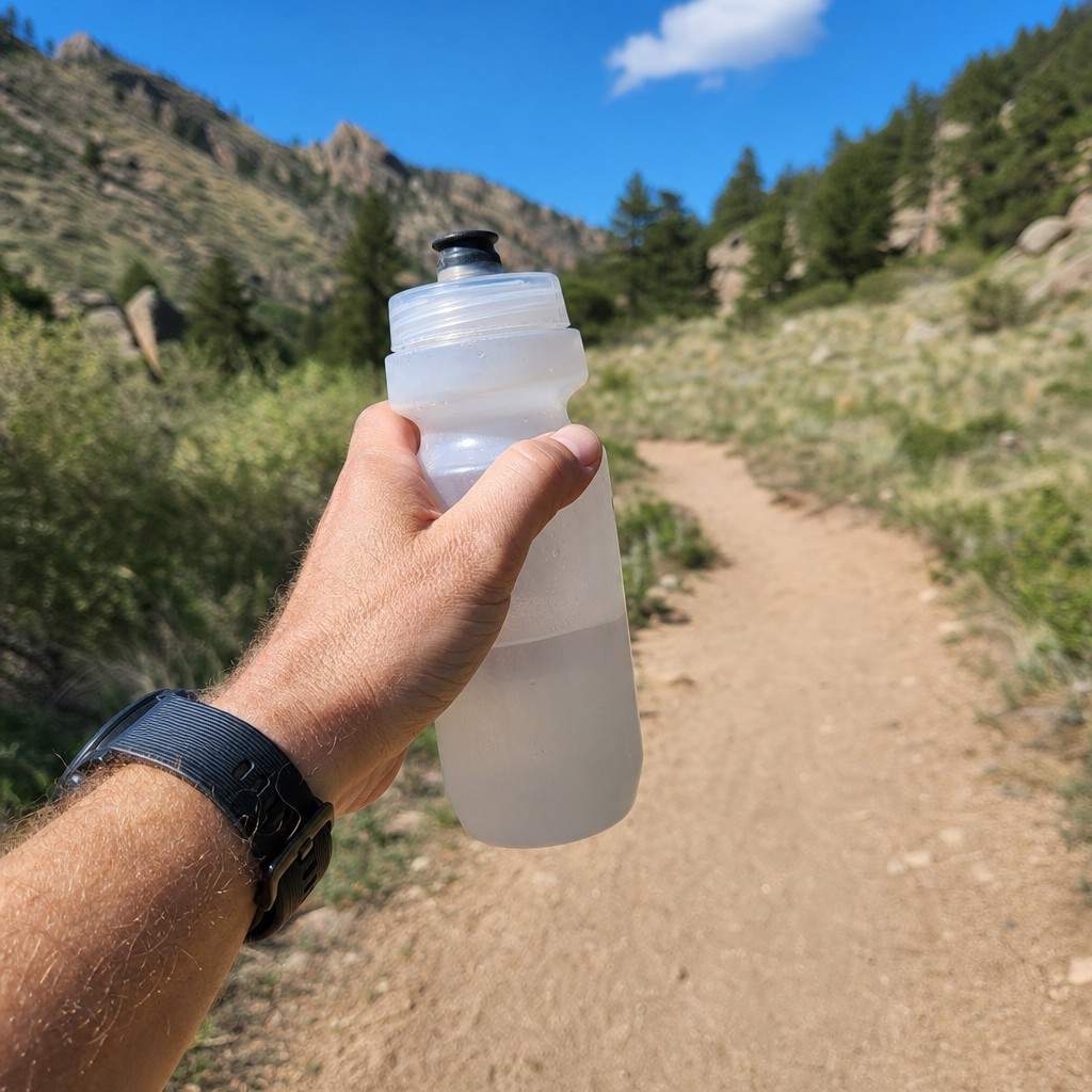 A runner's hand holding a water bottle, lifting it for a drink mid-run on an open path