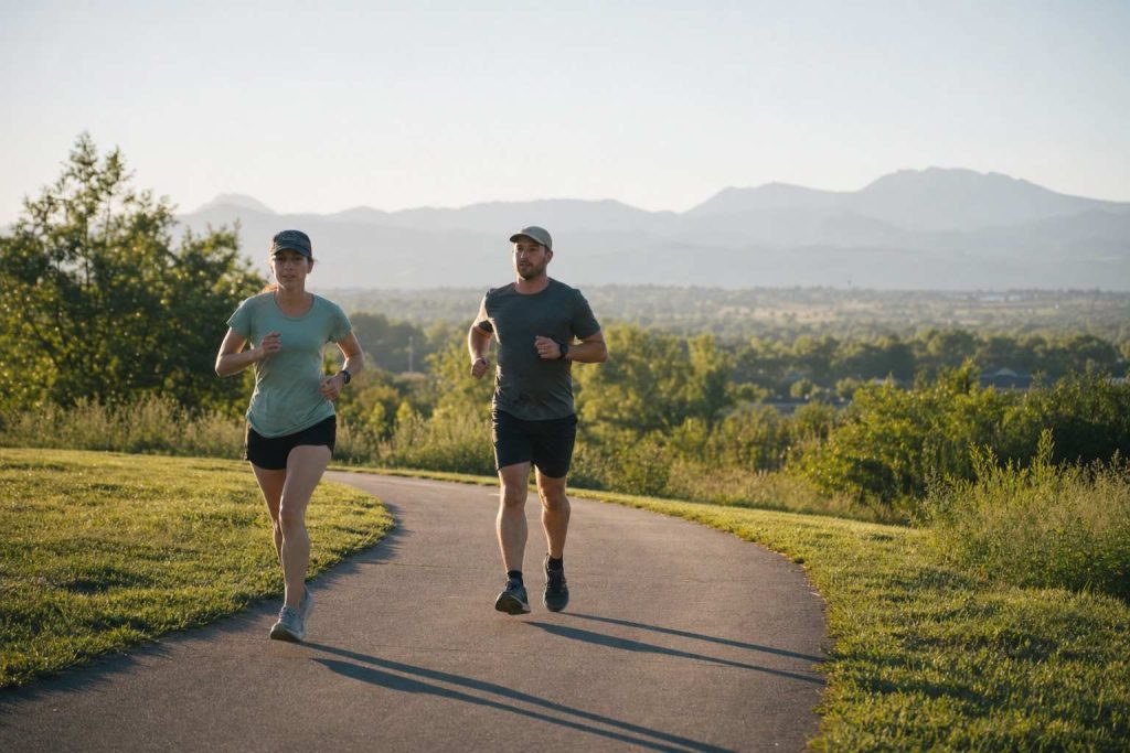Two runners on an open park path in the early light of a summer morning, long shadows, foothills in the distance
