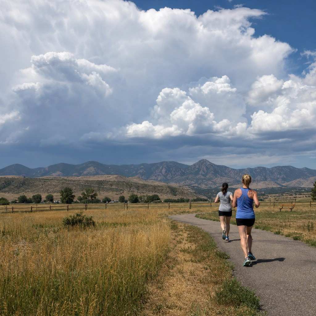 Tall summer thunderstorm clouds building over the mountains west of Denver on a hot afternoon