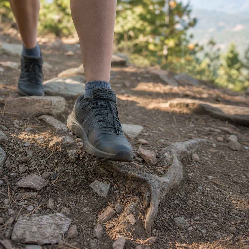 Close detail of a trail runner's shoe on rocky, root-crossed dirt singletrack