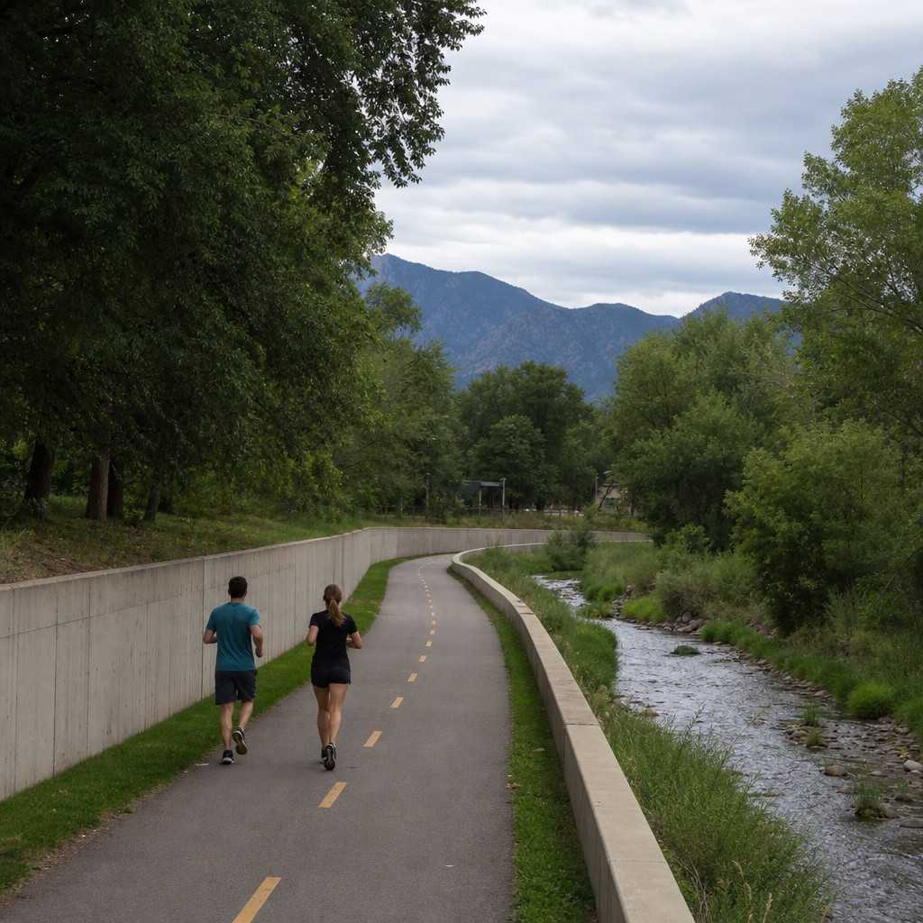A long straight paved trail dropping below street level, empty and car-free, curving into the distance