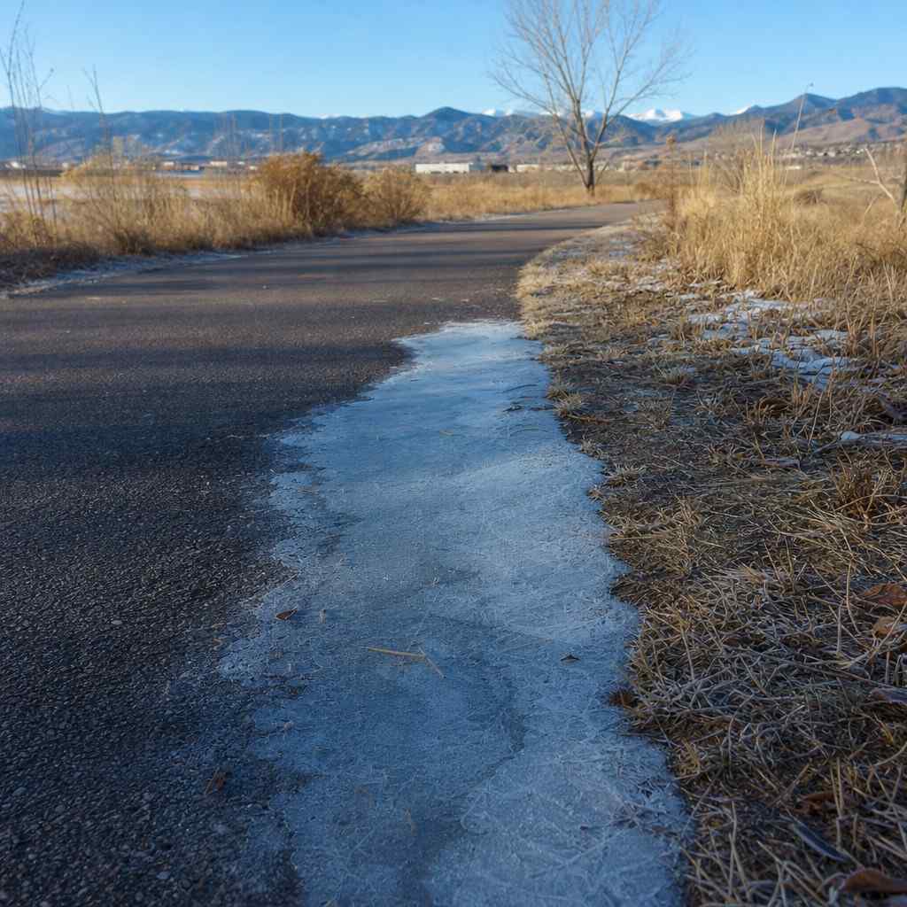 A shaded paved path with a patch of ice and frost where the sun hasn't reached on a winter morning