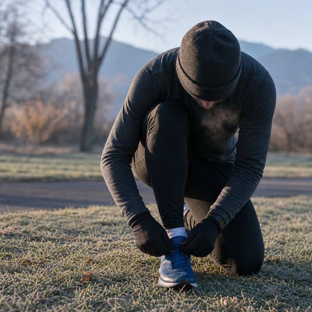 A runner in a knit beanie and gloves tying a shoe on frosty grass before a cold morning run