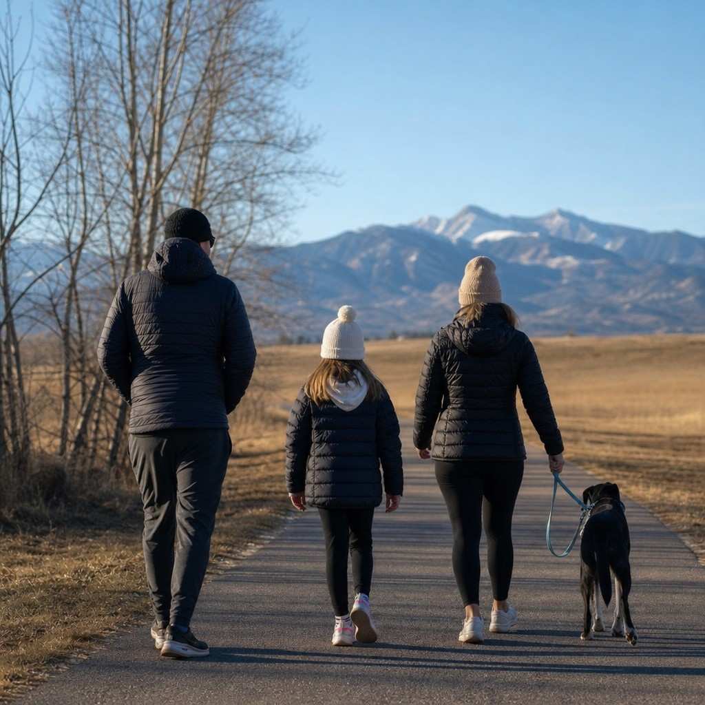 A family seen from behind walking together with a dog along a cold late-fall park path