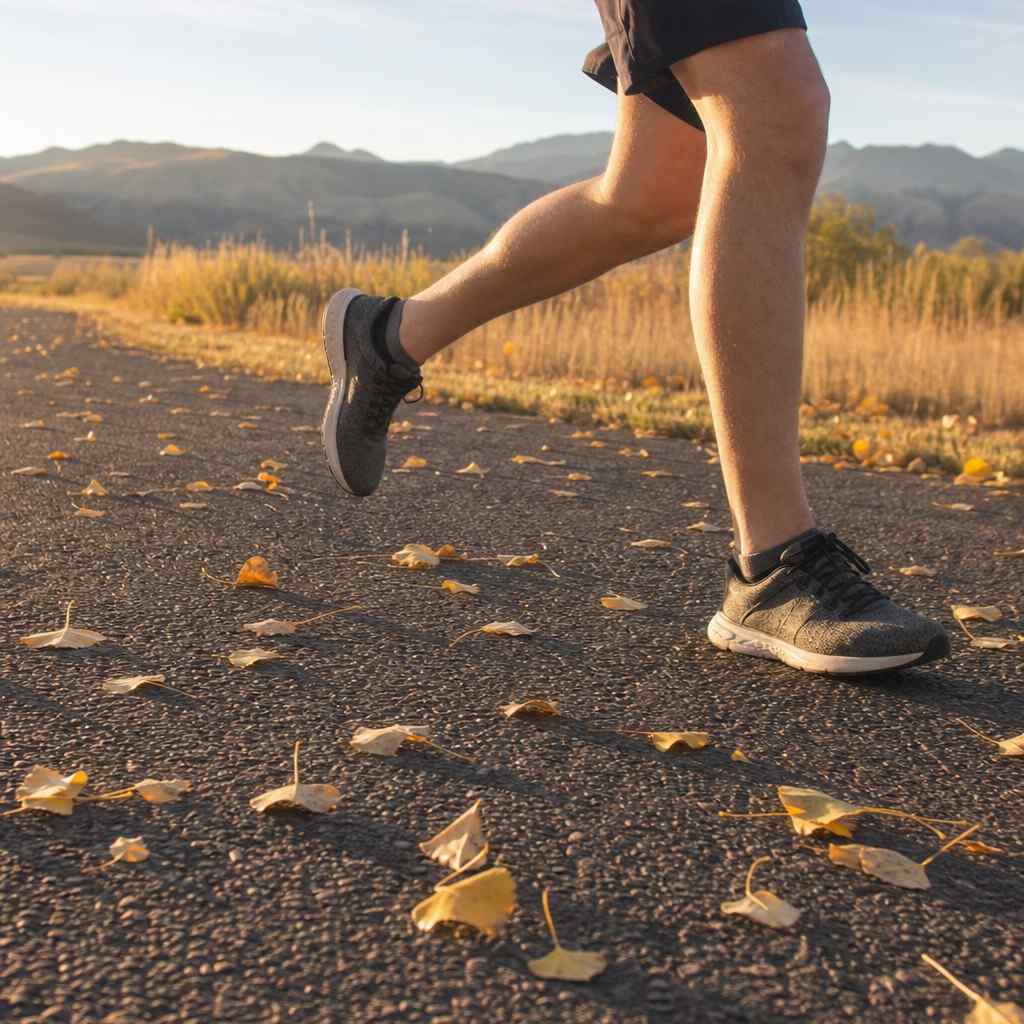 A runner's legs and shoes striding over pavement scattered with golden fallen leaves