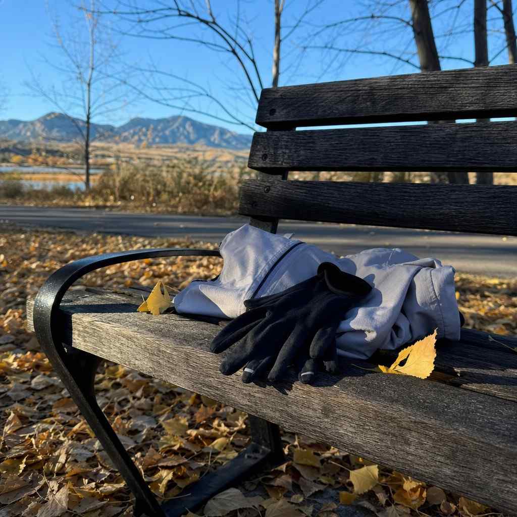 A light running layer and thin gloves resting on a park bench among fallen golden leaves