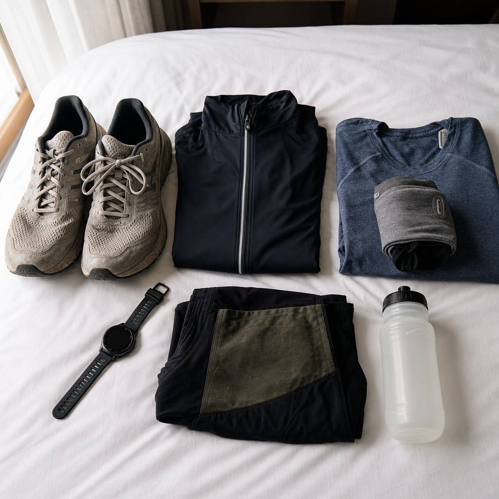 A packed running kit laid out on a hotel bed: shoes, watch, and layered running clothes