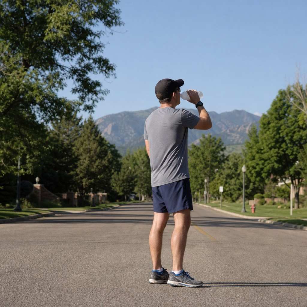 A runner drinking from a water bottle during an easy morning jog on a quiet unfamiliar street