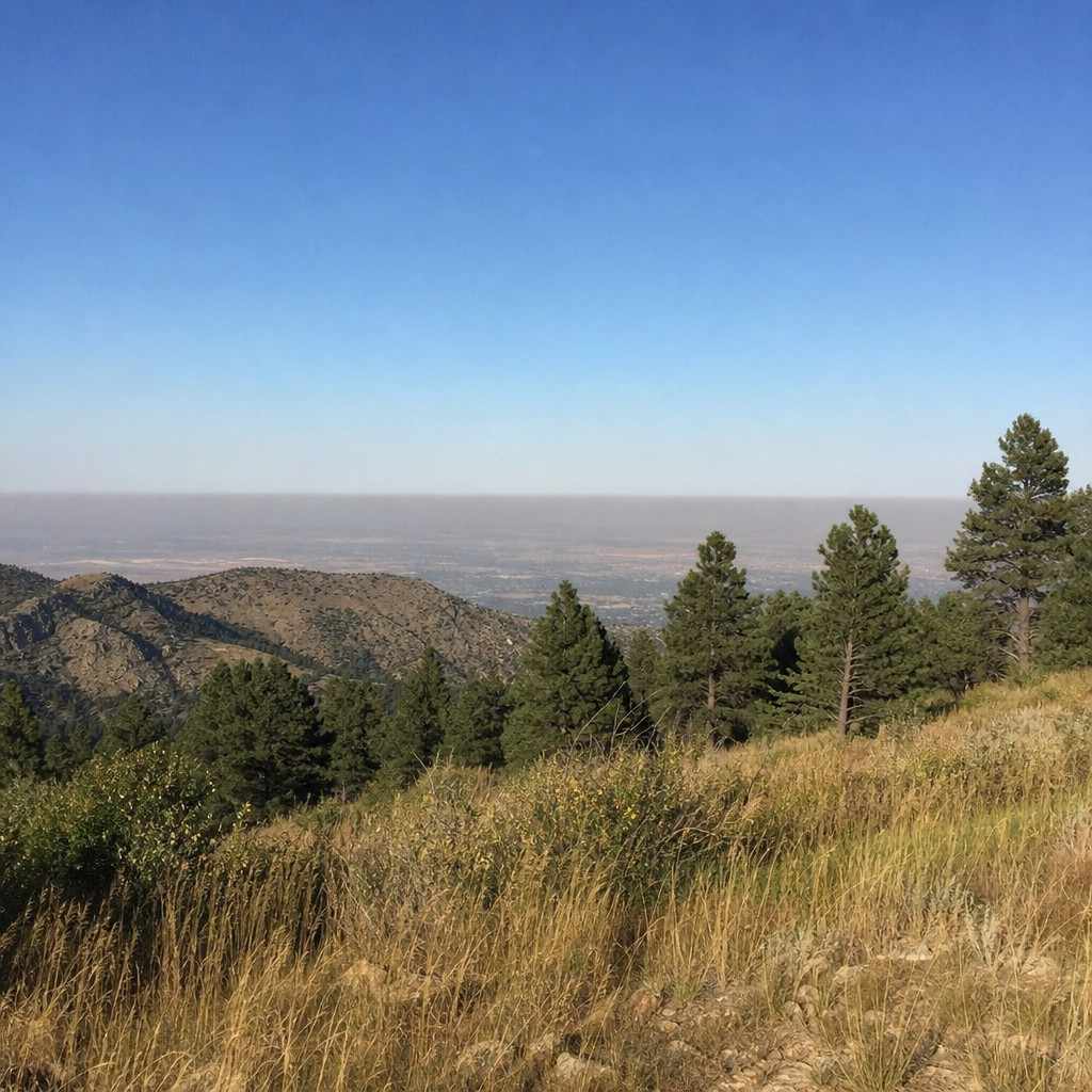 The Front Range foothills seen from a high trail with a brown haze layer hanging over the city below in late afternoon light