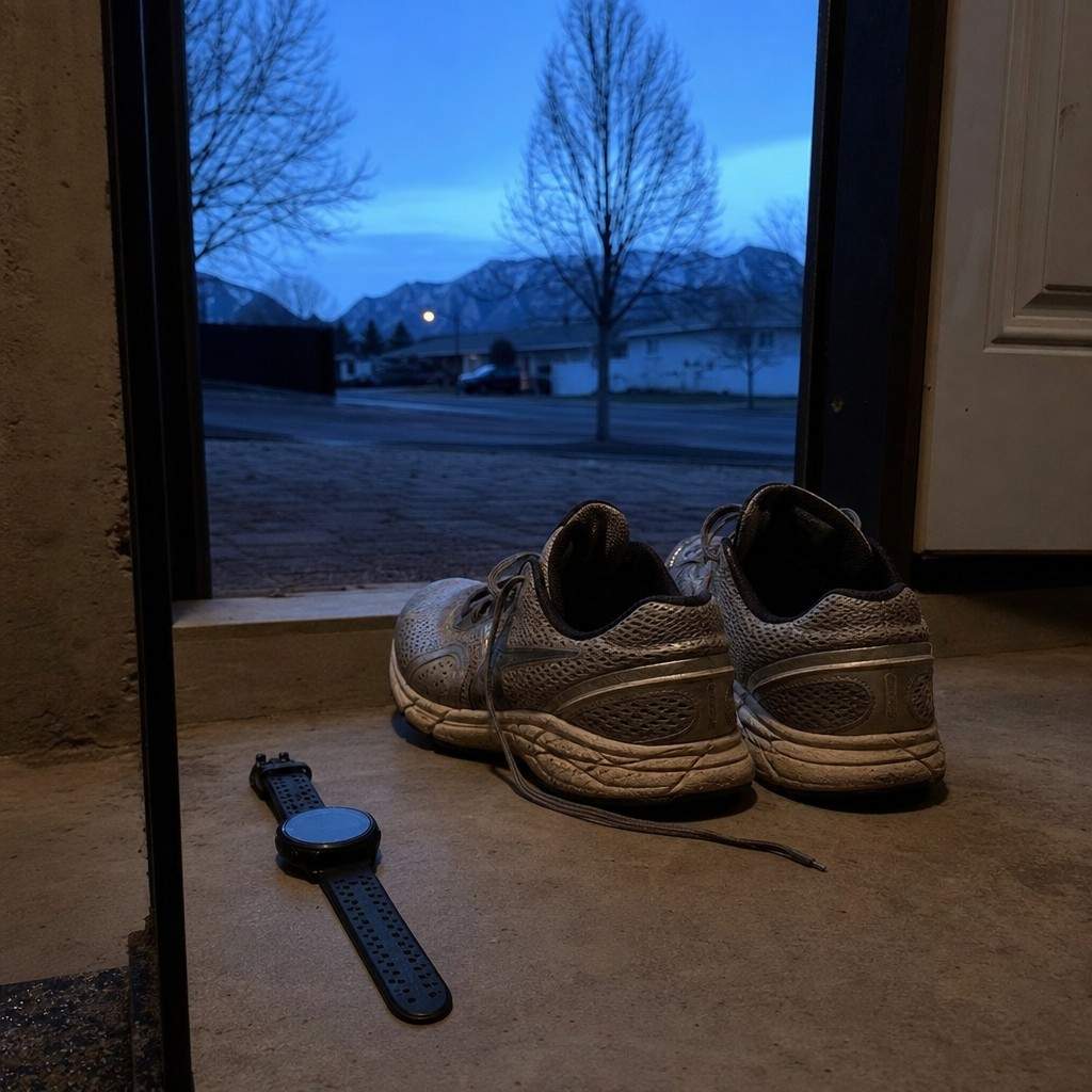 A running watch and a pair of shoes by a doorway in the blue light before sunrise