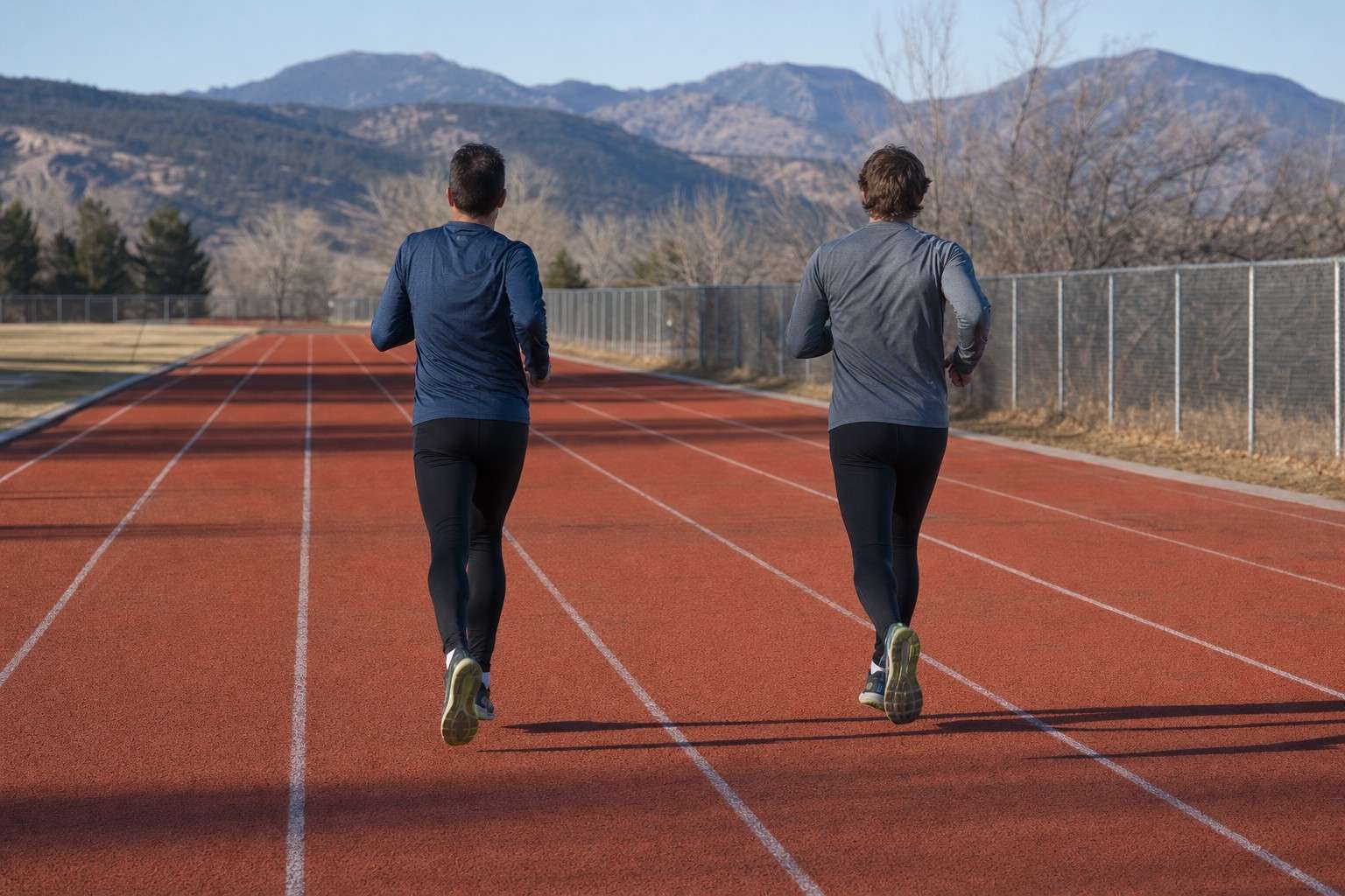 Two runners in tights seen from behind working through a repetition on a weathered outdoor track with the foothills on the horizon