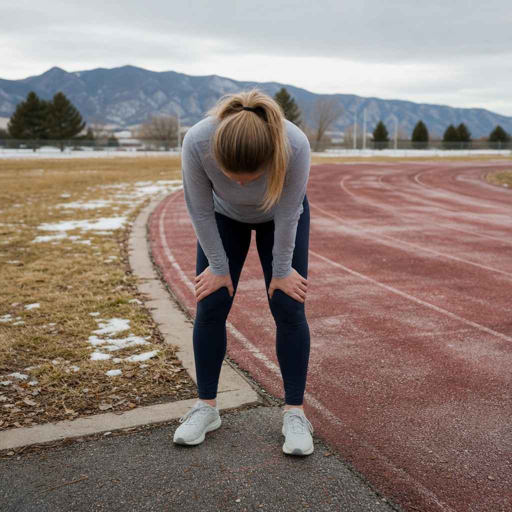 A lone runner resting with hands on knees at the edge of a track after a hard effort