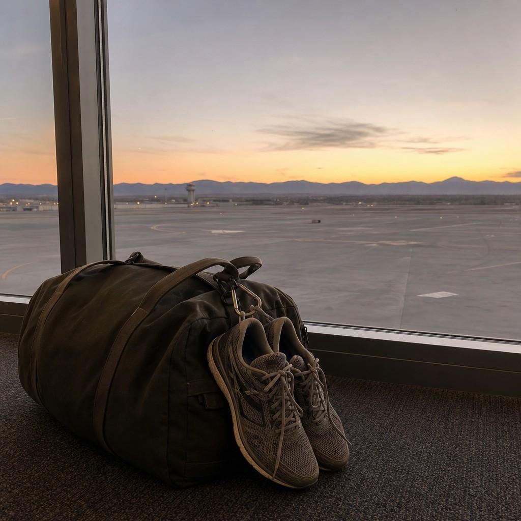 A packed duffel bag and running shoes beside an airport window looking out at the tarmac