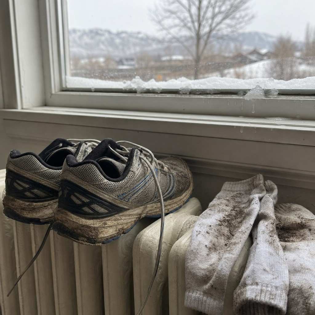 Wet running shoes and muddy socks drying on a radiator by a window with snow melting outside