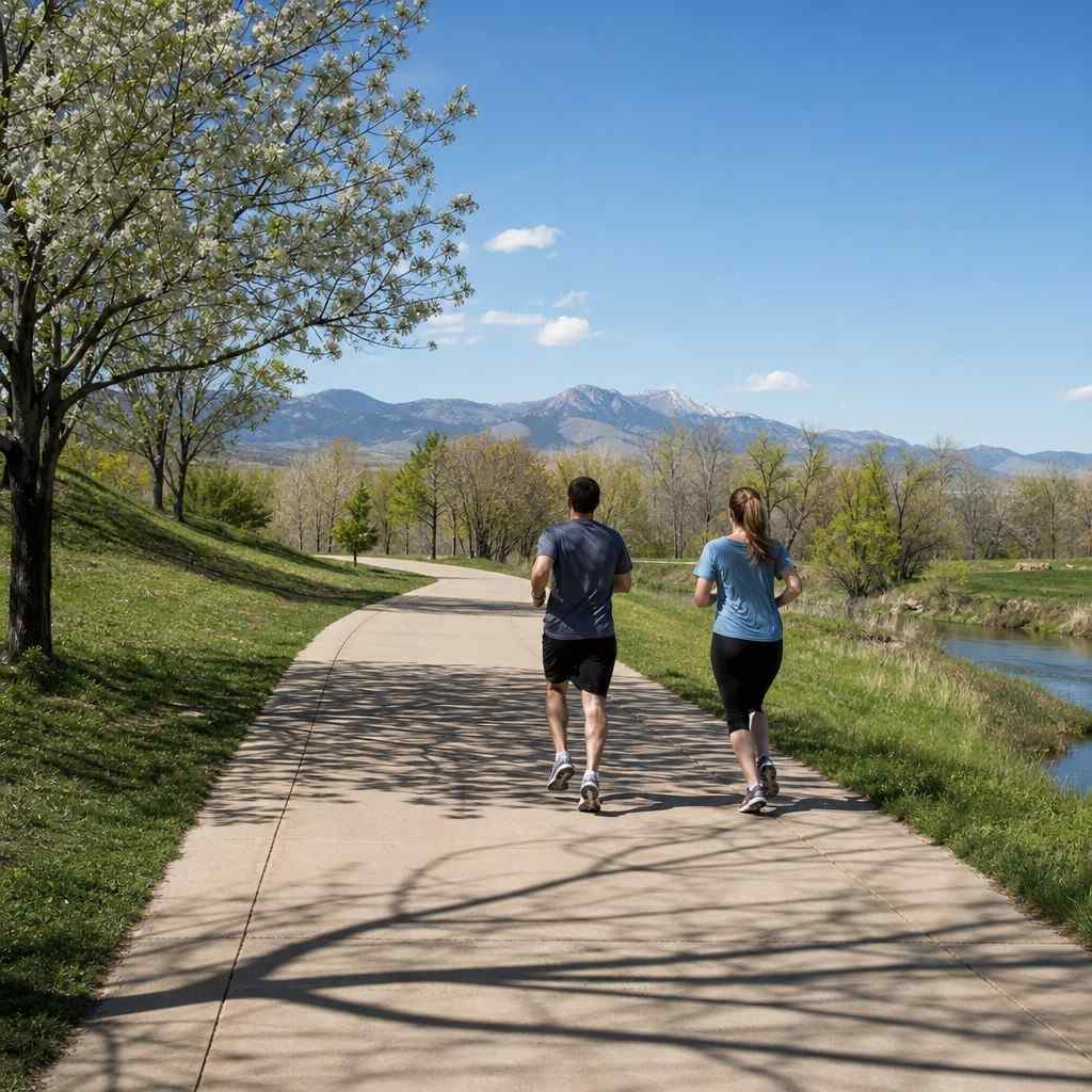 A park path in the same spot on a warm spring afternoon with green grass and blossom on the trees