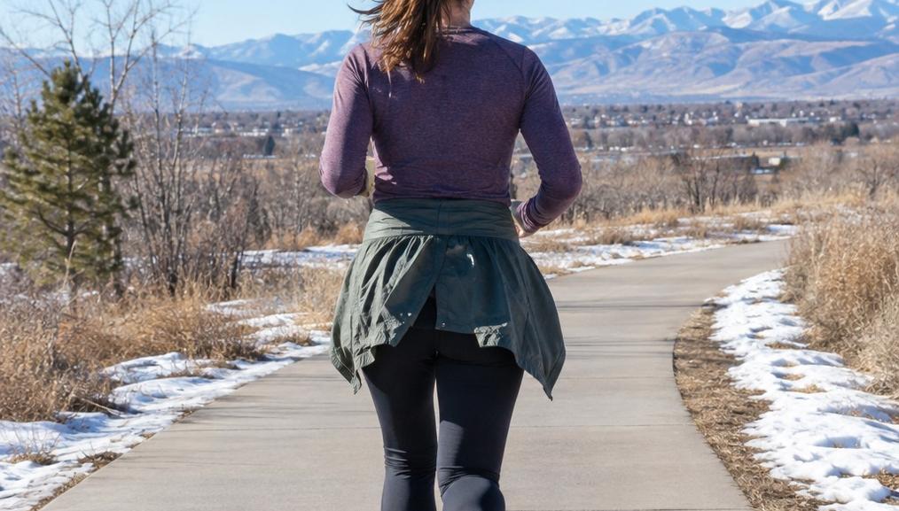 A light shell tied around the waist mid-run as the morning warms up