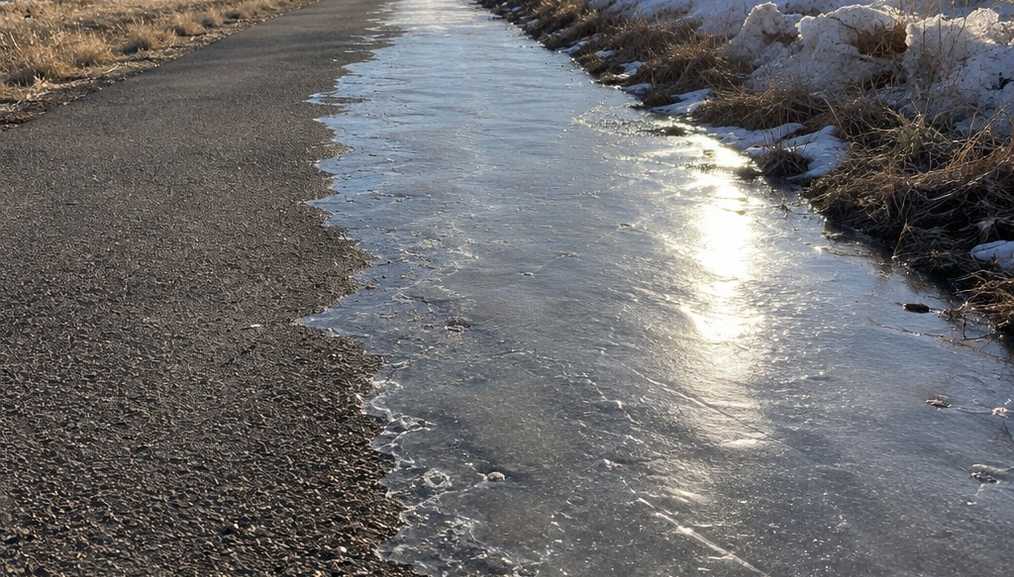 A stretch of path where melt has refrozen into clear ice beside dry pavement
