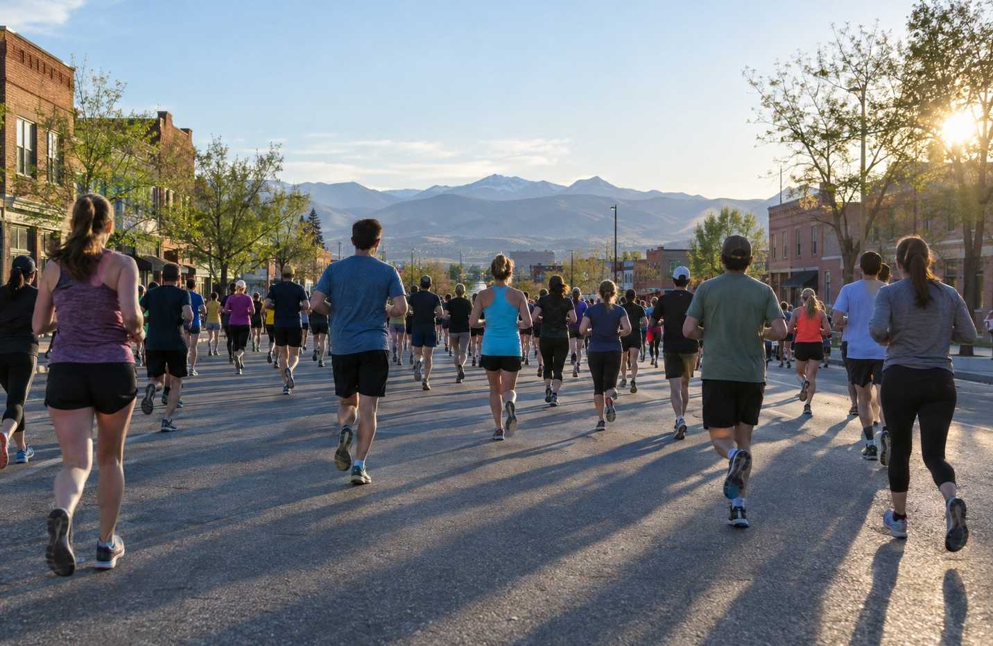 A crowd of everyday marathon runners in bright shirts moving up a closed city avenue at sunrise, seen from a low angle, with low brick storefronts on both sides