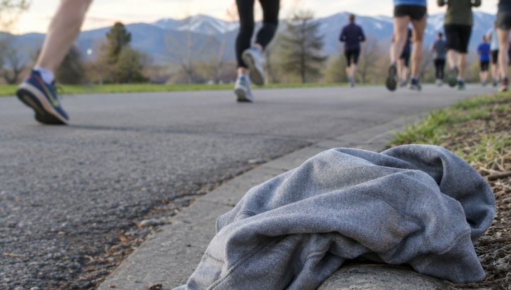 A discarded gray fleece layer lying at the edge of a city street on a cool spring morning, runners' legs passing blurred in the background