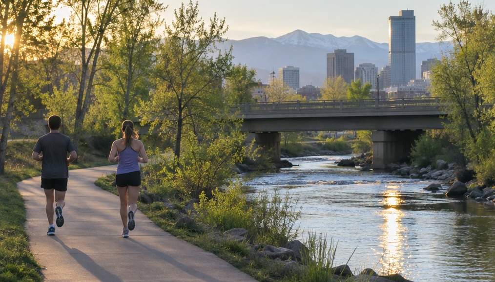 A quiet paved riverside path under a bridge in a city, early morning light on the water