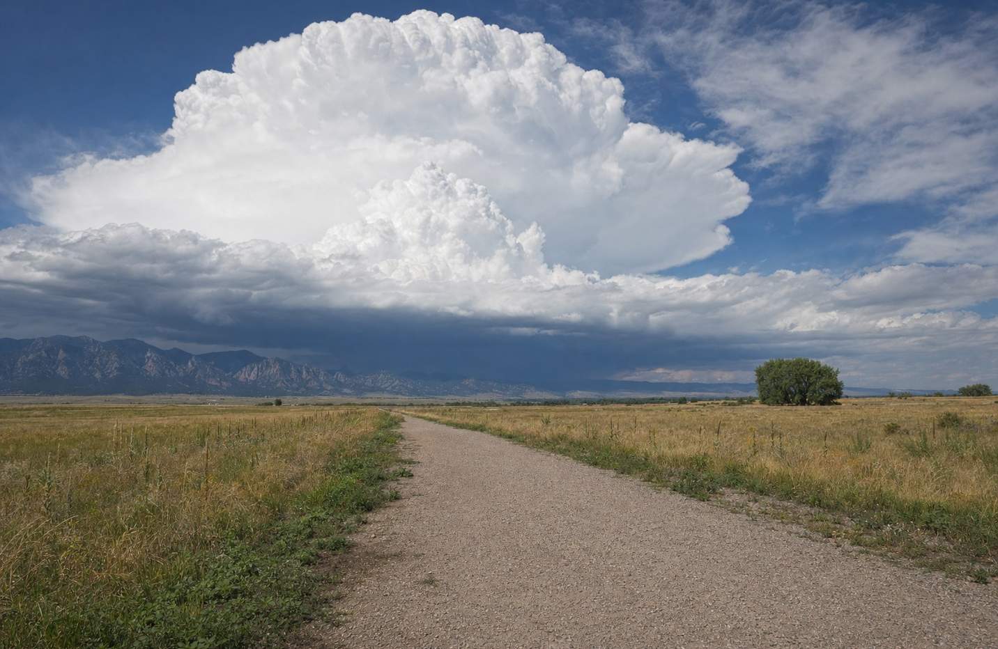 A towering afternoon storm cloud building over the foothills west of Denver, seen from an empty open path on the plains