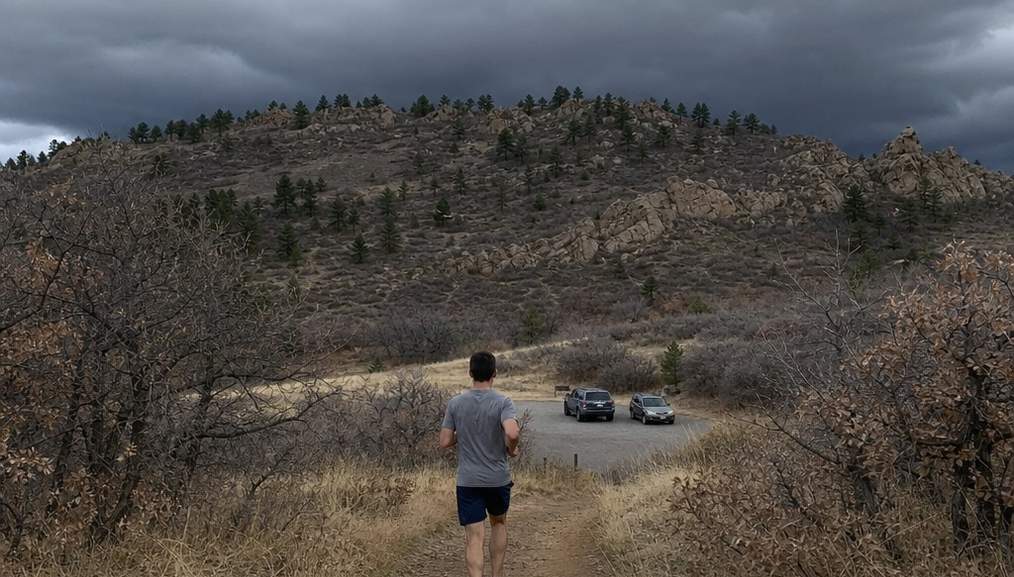 A lone runner heading down a foothills trail toward a trailhead parking area as dark clouds gather over the ridge behind
