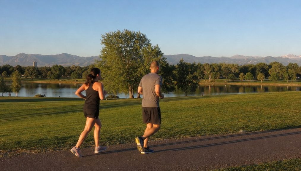Runners on a flat city park path at sunrise with the sky clear and the day's storms still hours away