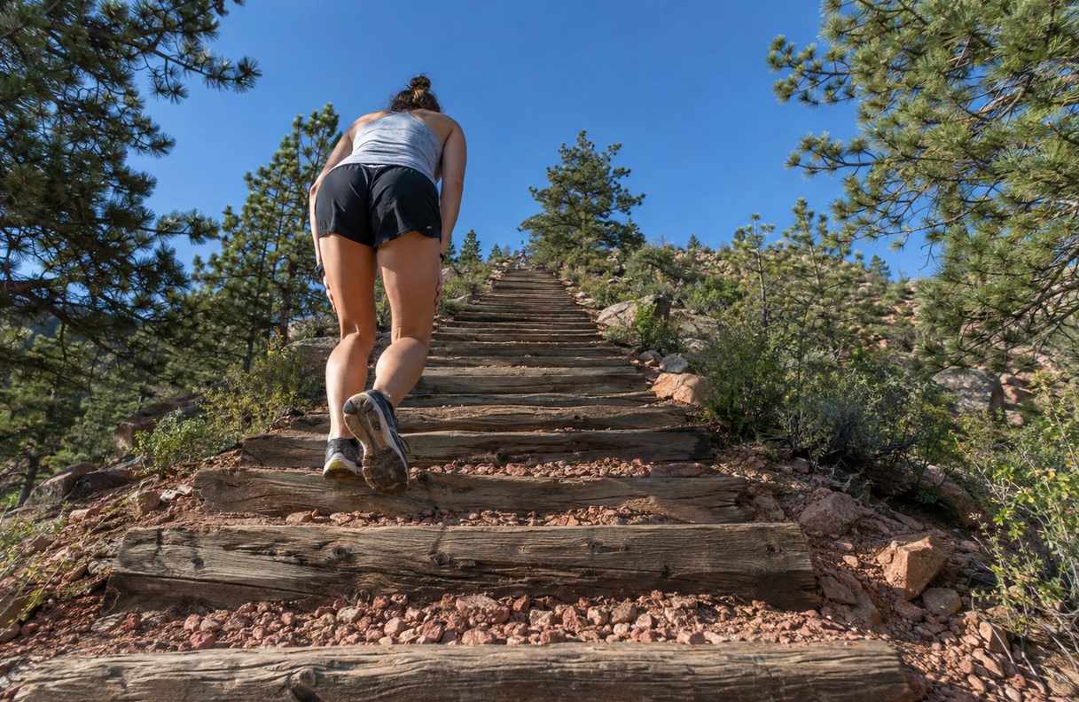 A runner in a tank top climbing a very steep staircase of old wooden railroad ties up a forested mountainside, hands pressing on the thighs