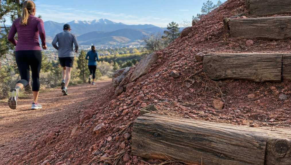 Close detail of weathered wooden railroad ties set into a steep rocky slope, leading uphill
