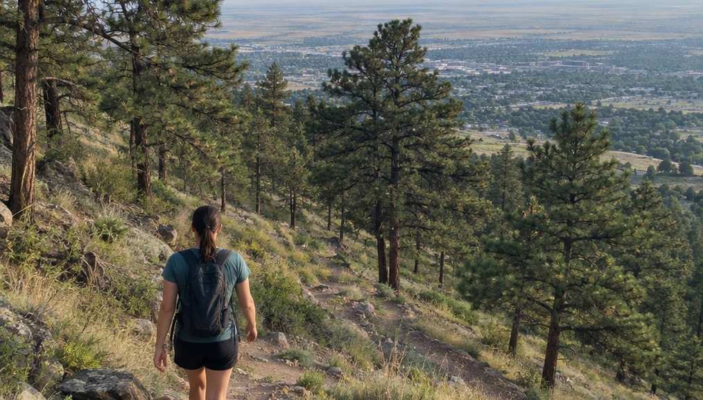 A hiker walking down a rocky switchback trail through ponderosa pines, the plains visible far below