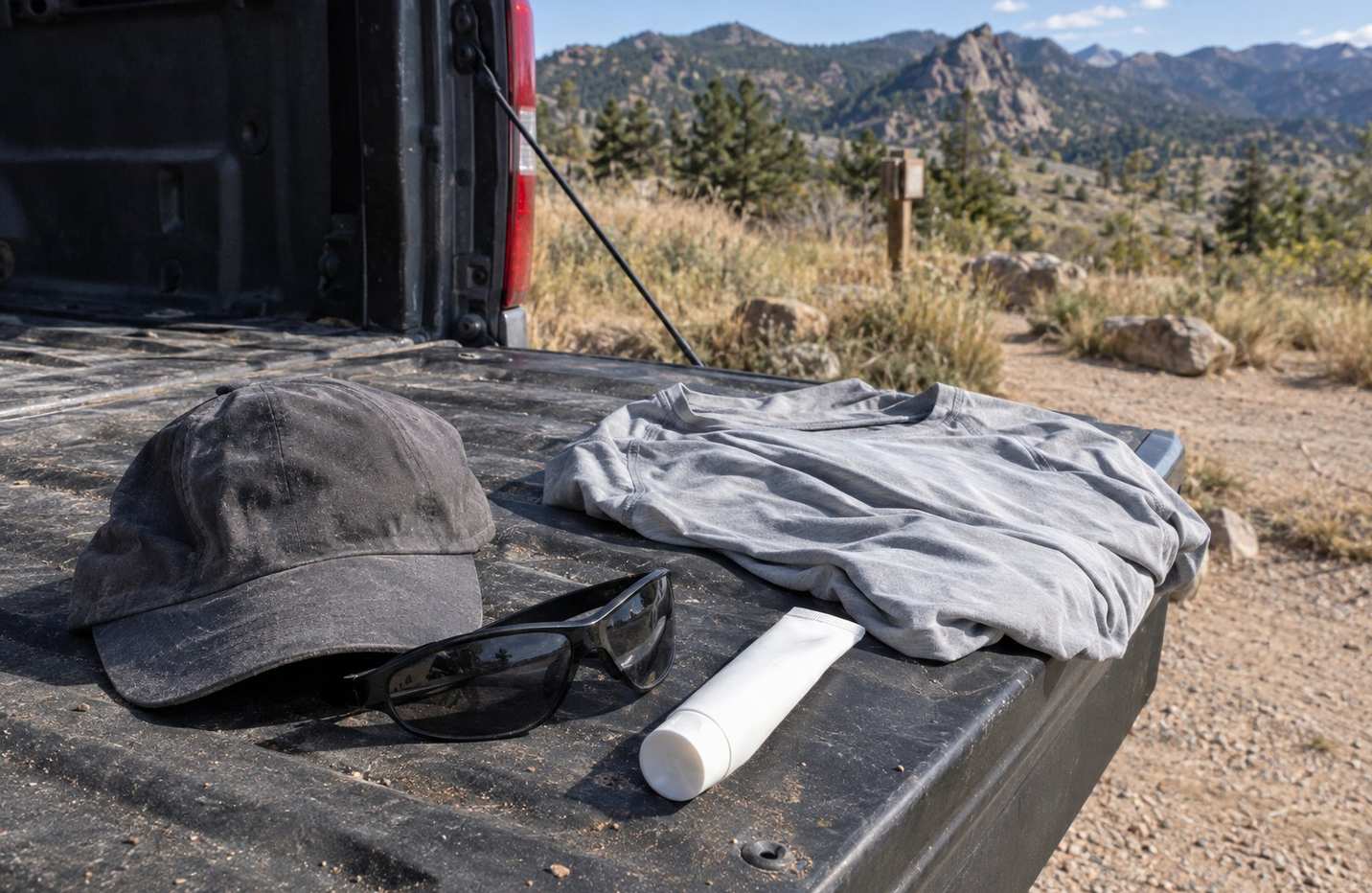 A worn running cap, sunglasses, a plain sunscreen tube and a light long-sleeve shirt laid out on a dusty car tailgate at a Colorado trailhead