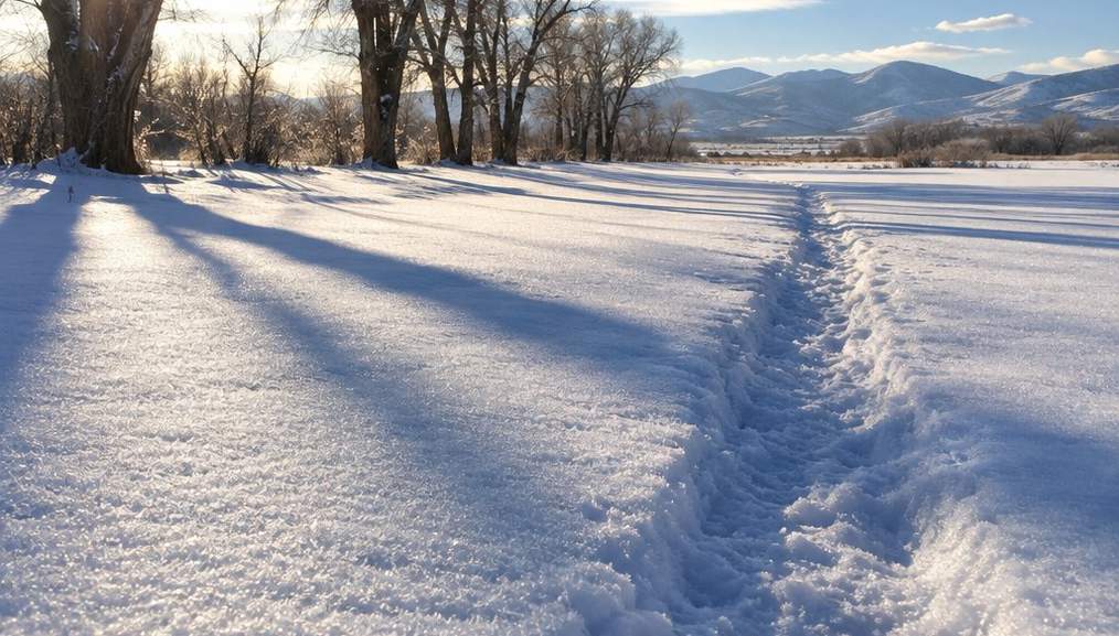 Bright winter sun on an unbroken field of fresh snow beside a packed path, the light bouncing back off the surface