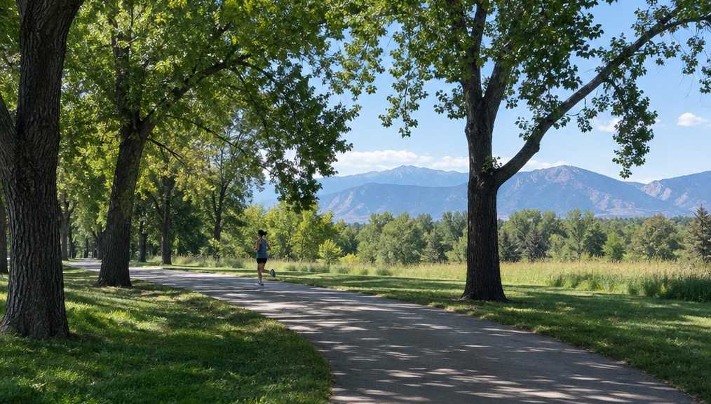 A shaded city park path under mature trees in late morning, the kind of route that cuts direct sun on a high-index day