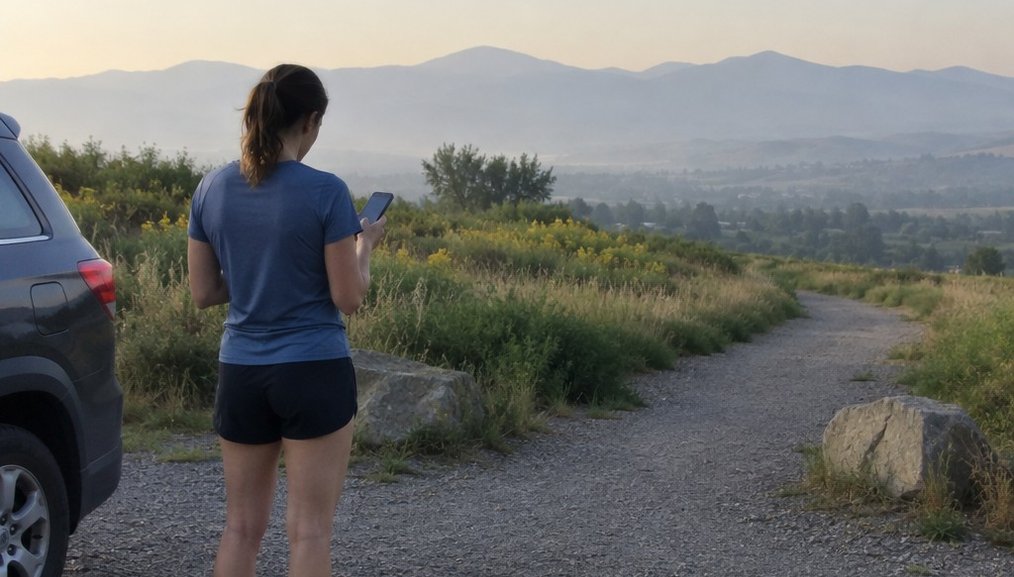 A runner checking a phone at a trailhead before starting, deciding on the morning rather than assuming it